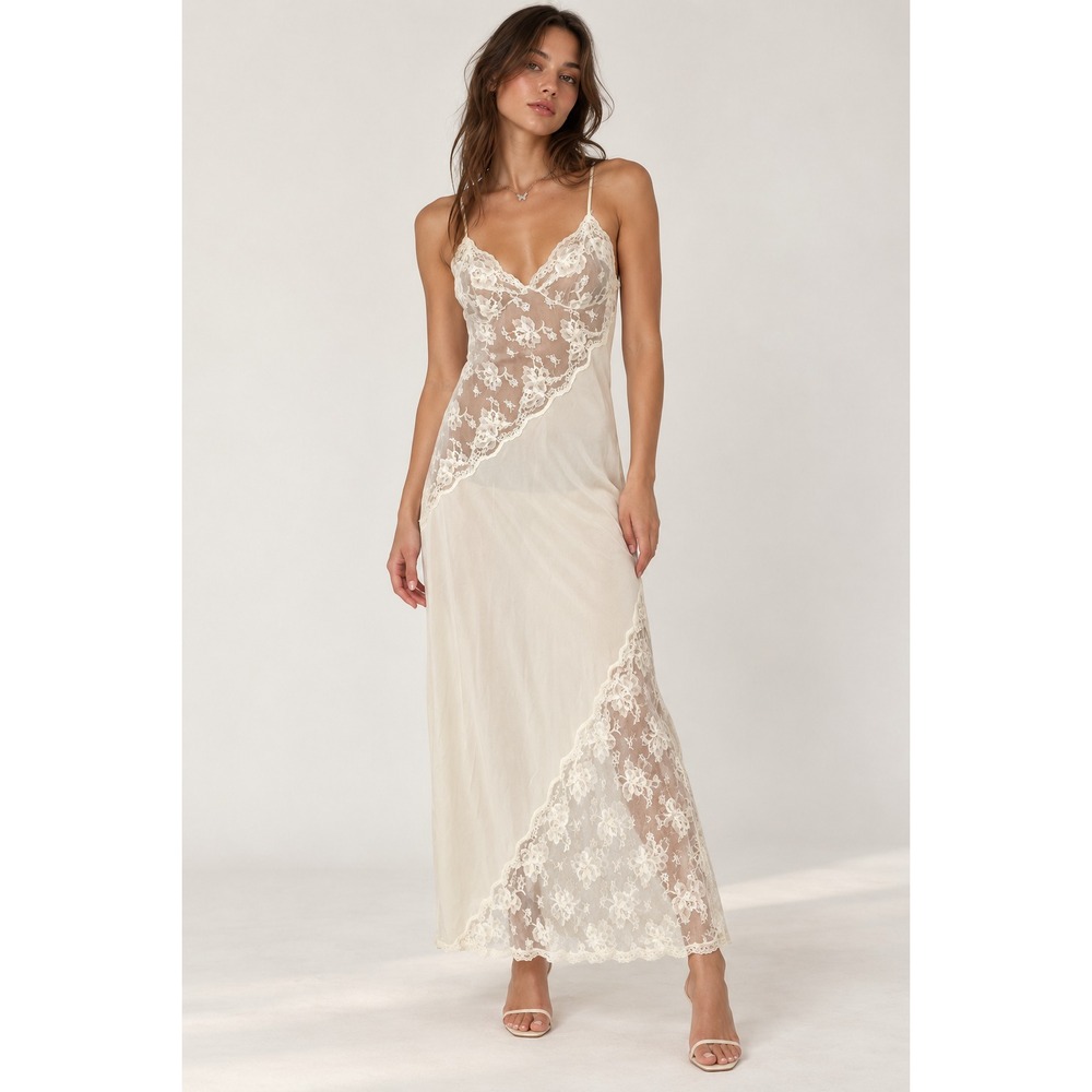 VTG FRANCESCA Ivory Shee Nylon/Lace Maxi Slip Dress Y2K Coquette Nightgown Sz M